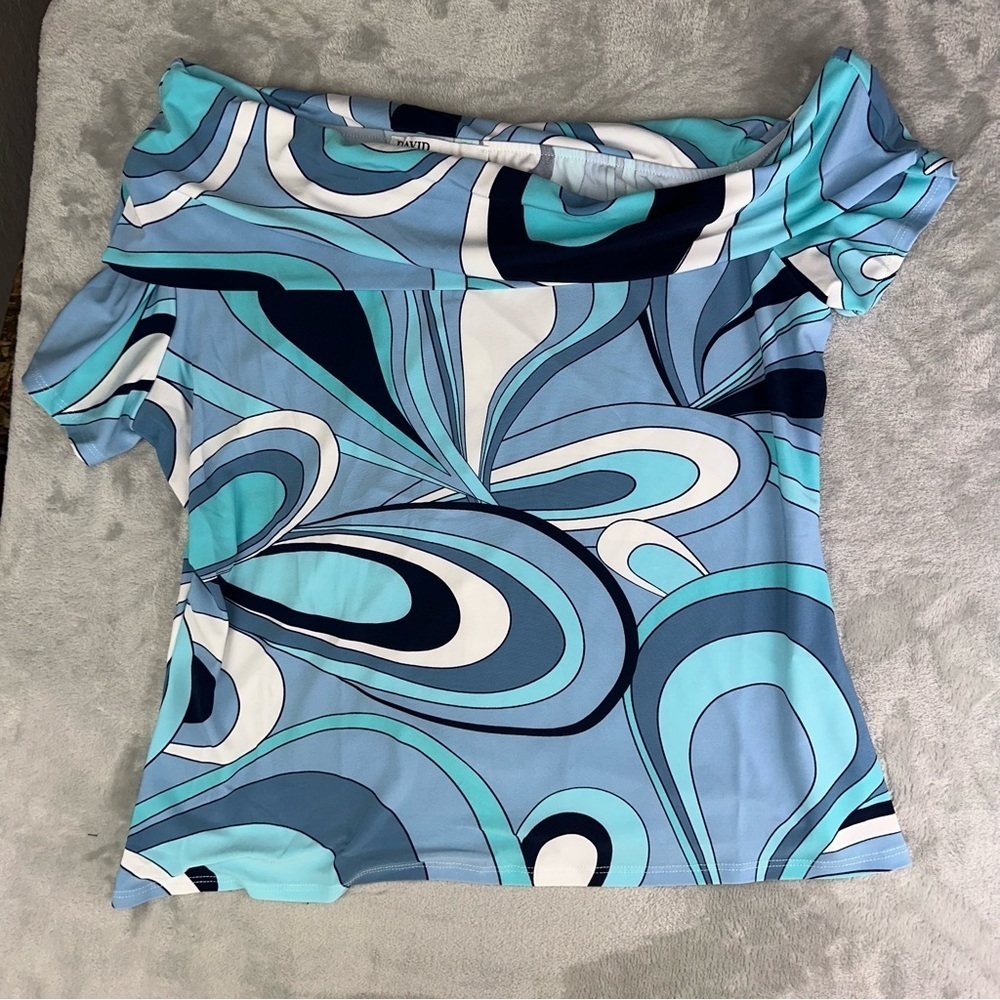DAVID MEISTER womens large fluid knit blue retro print off the shoulder top NWT - Picture 3 of 8
